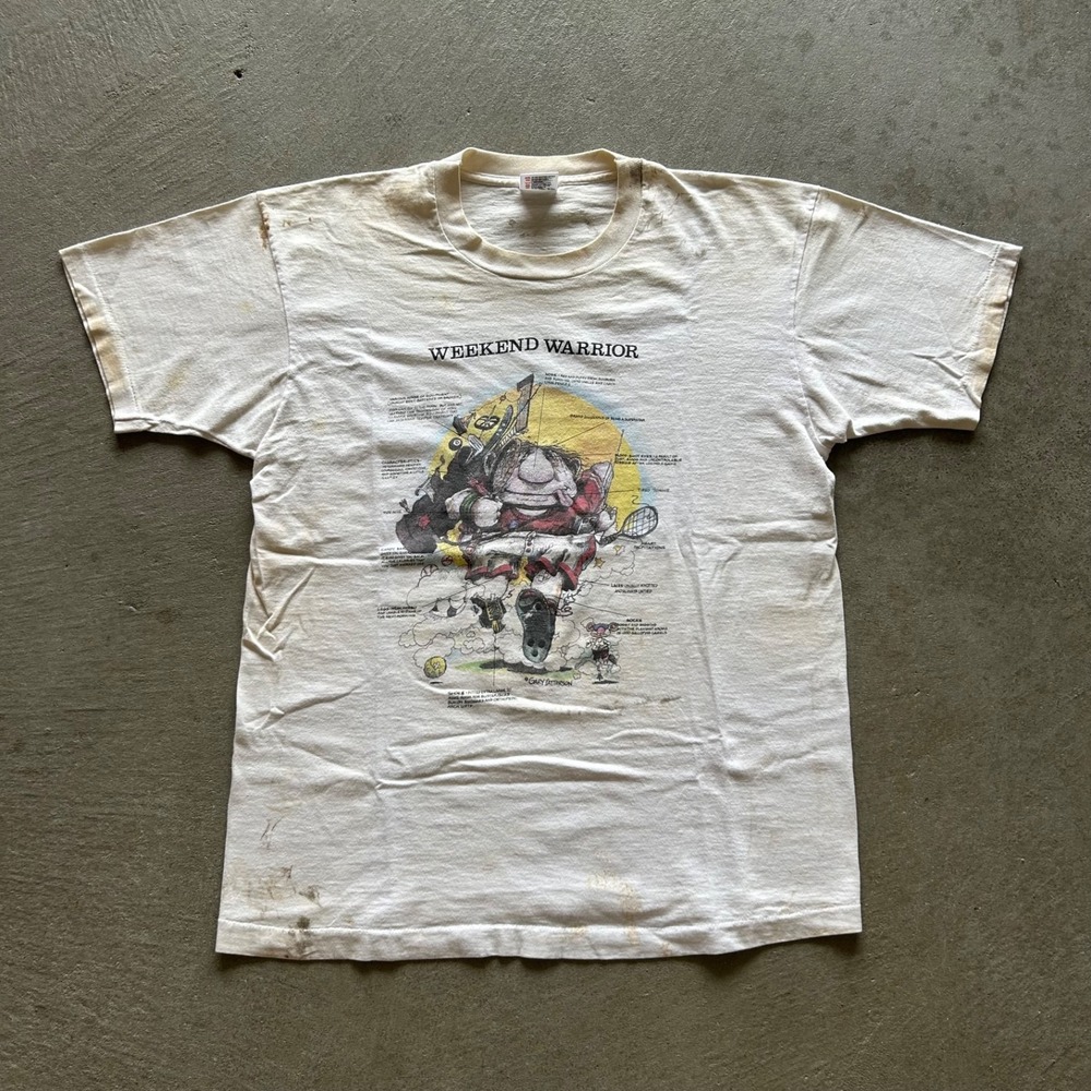 Vintage 90s Weekend Warrior Shirt Size Large White Gary Patterson Art Distressed